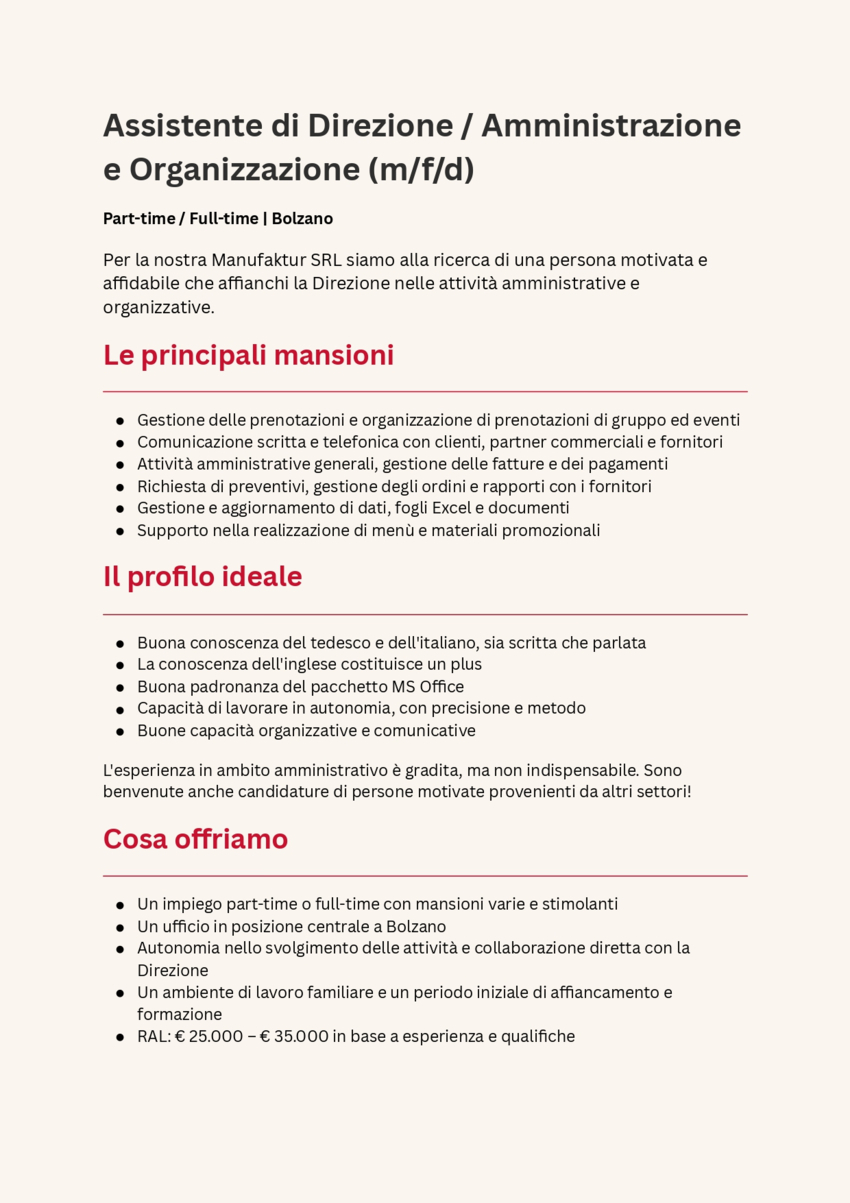 Assistente di Direzione / Amministrazione e Organizzazione (m/f/d)
